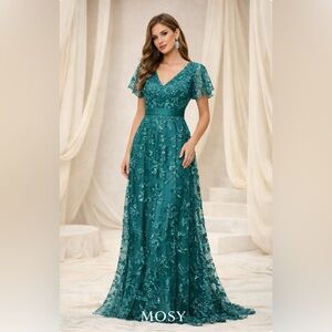 Mosy Blue Green Embroidered Gown Formal Evening Dress Flutter Sleeve. Size Small